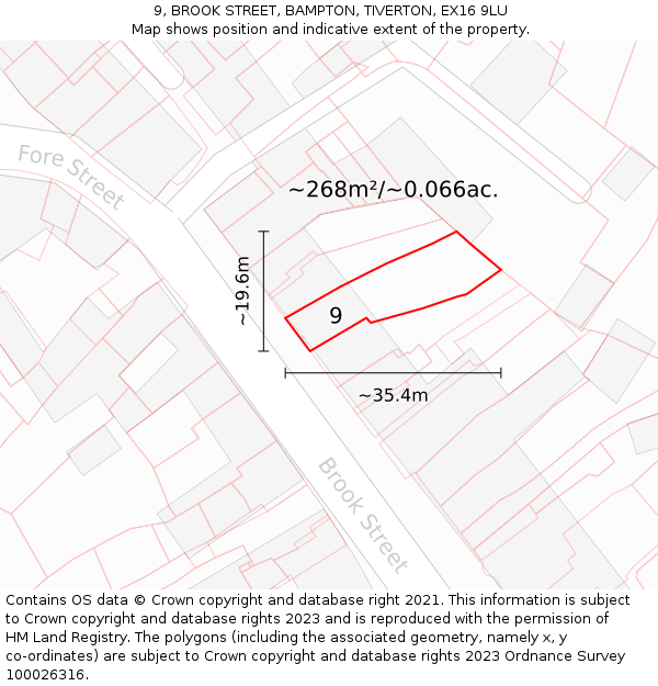 9, BROOK STREET, BAMPTON, TIVERTON, EX16 9LU: Plot and title map