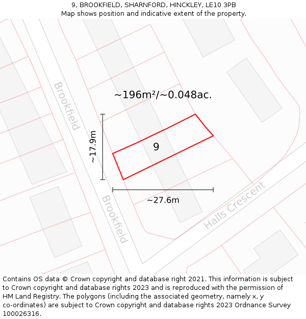 9, BROOKFIELD, SHARNFORD, HINCKLEY, LE10 3PB: Plot and title map