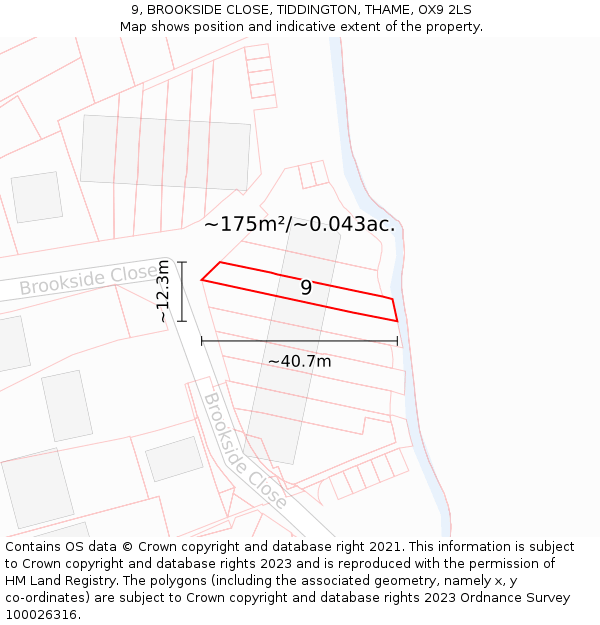 9, BROOKSIDE CLOSE, TIDDINGTON, THAME, OX9 2LS: Plot and title map