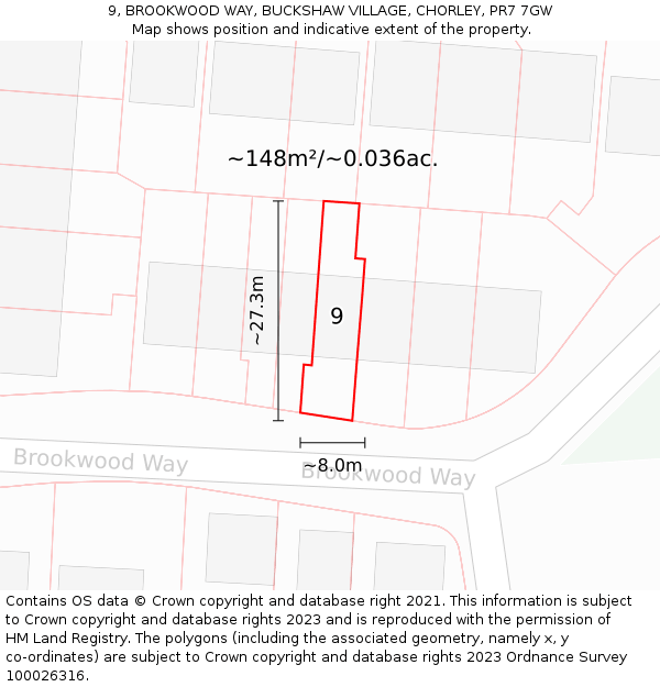 9, BROOKWOOD WAY, BUCKSHAW VILLAGE, CHORLEY, PR7 7GW: Plot and title map
