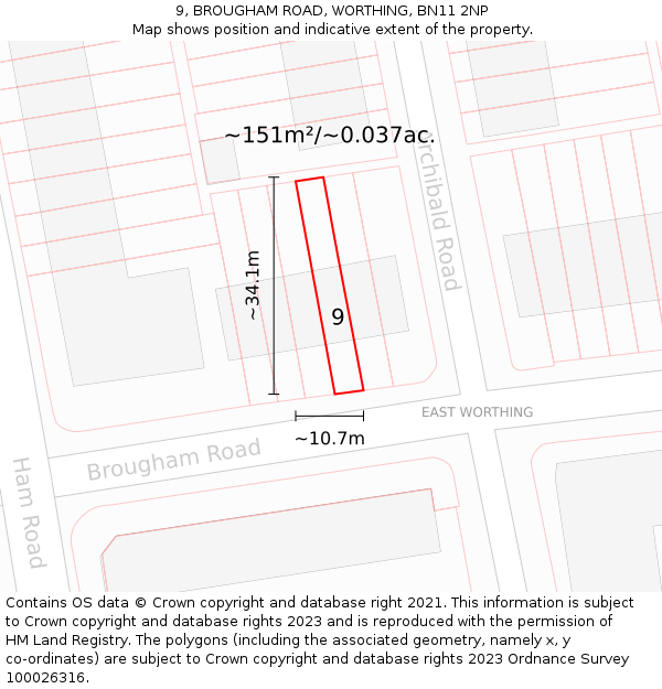 9, BROUGHAM ROAD, WORTHING, BN11 2NP: Plot and title map
