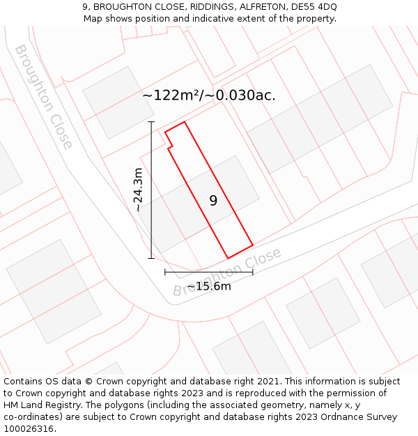 9, BROUGHTON CLOSE, RIDDINGS, ALFRETON, DE55 4DQ: Plot and title map