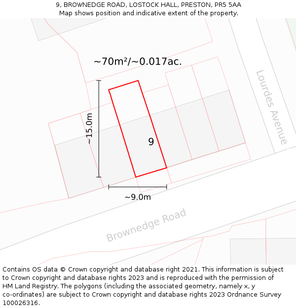 9, BROWNEDGE ROAD, LOSTOCK HALL, PRESTON, PR5 5AA: Plot and title map