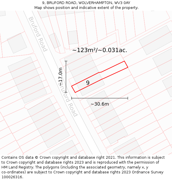 9, BRUFORD ROAD, WOLVERHAMPTON, WV3 0AY: Plot and title map