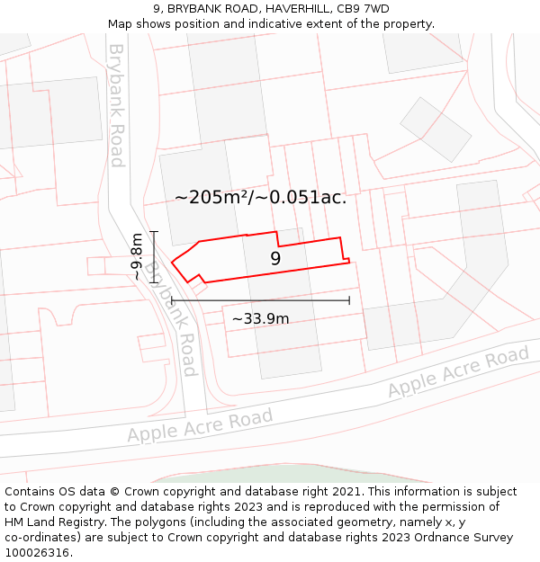 9, BRYBANK ROAD, HAVERHILL, CB9 7WD: Plot and title map