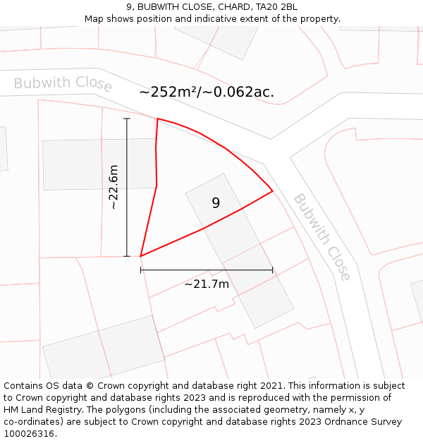 9, BUBWITH CLOSE, CHARD, TA20 2BL: Plot and title map