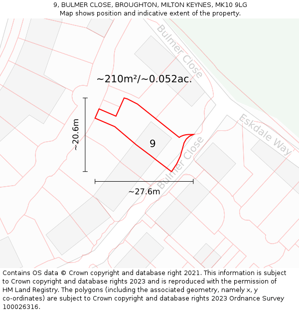9, BULMER CLOSE, BROUGHTON, MILTON KEYNES, MK10 9LG: Plot and title map