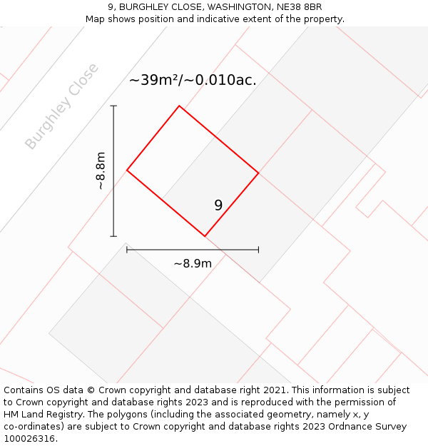 9, BURGHLEY CLOSE, WASHINGTON, NE38 8BR: Plot and title map