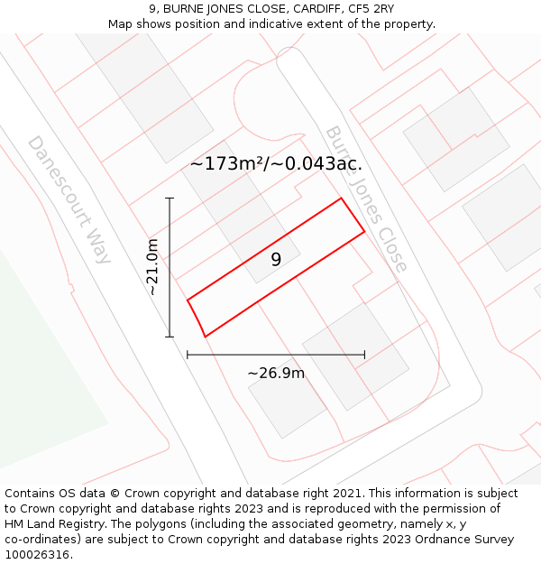9, BURNE JONES CLOSE, CARDIFF, CF5 2RY: Plot and title map