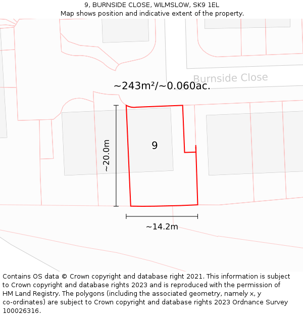 9, BURNSIDE CLOSE, WILMSLOW, SK9 1EL: Plot and title map