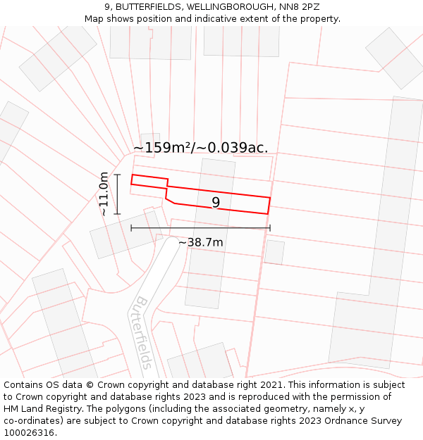 9, BUTTERFIELDS, WELLINGBOROUGH, NN8 2PZ: Plot and title map