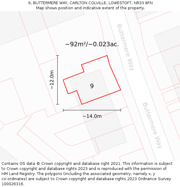 9, BUTTERMERE WAY, CARLTON COLVILLE, LOWESTOFT, NR33 8FN: Plot and title map