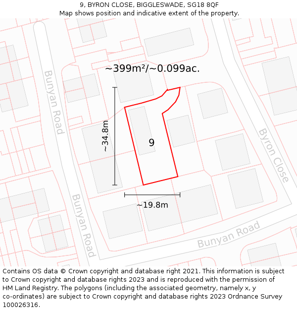 9, BYRON CLOSE, BIGGLESWADE, SG18 8QF: Plot and title map