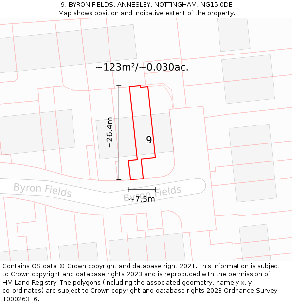 9, BYRON FIELDS, ANNESLEY, NOTTINGHAM, NG15 0DE: Plot and title map