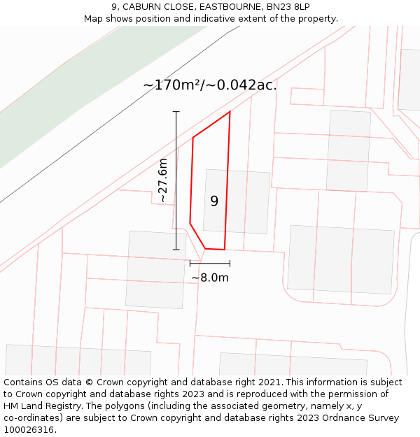 9, CABURN CLOSE, EASTBOURNE, BN23 8LP: Plot and title map