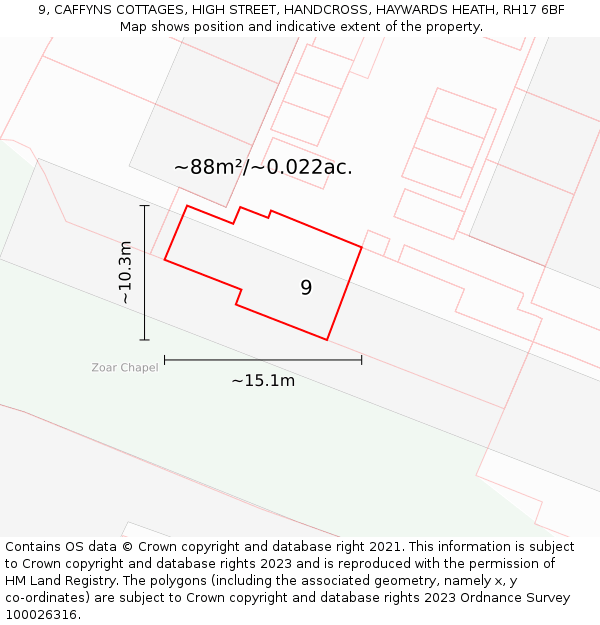 9, CAFFYNS COTTAGES, HIGH STREET, HANDCROSS, HAYWARDS HEATH, RH17 6BF: Plot and title map