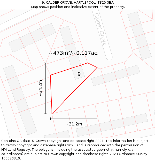 9, CALDER GROVE, HARTLEPOOL, TS25 3BA: Plot and title map