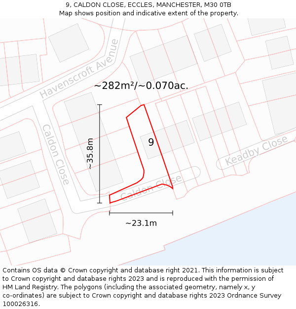 9, CALDON CLOSE, ECCLES, MANCHESTER, M30 0TB: Plot and title map