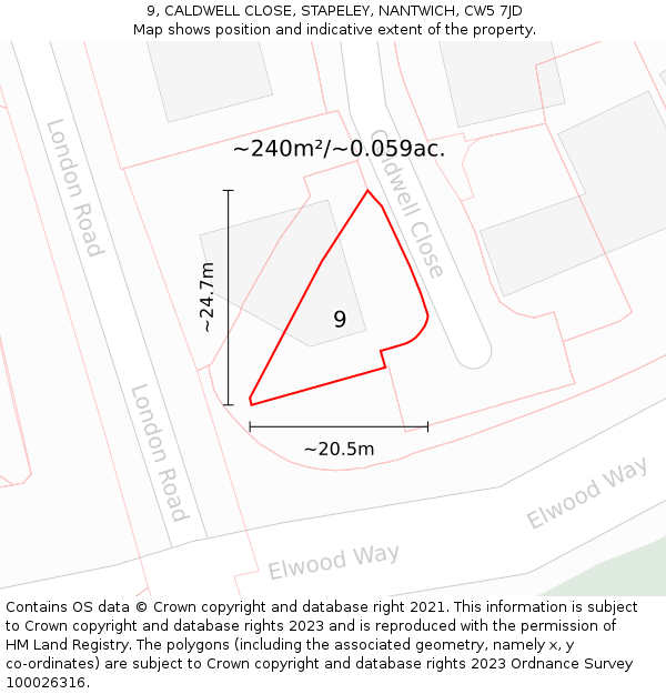 9, CALDWELL CLOSE, STAPELEY, NANTWICH, CW5 7JD: Plot and title map