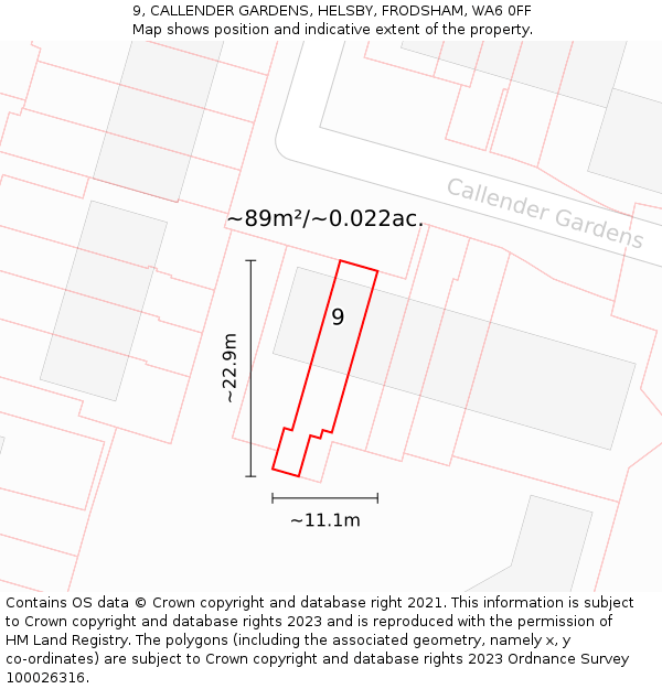 9, CALLENDER GARDENS, HELSBY, FRODSHAM, WA6 0FF: Plot and title map