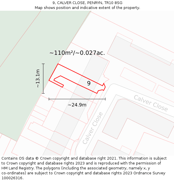 9, CALVER CLOSE, PENRYN, TR10 8SG: Plot and title map