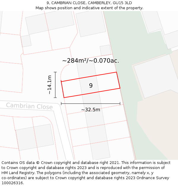 9, CAMBRIAN CLOSE, CAMBERLEY, GU15 3LD: Plot and title map