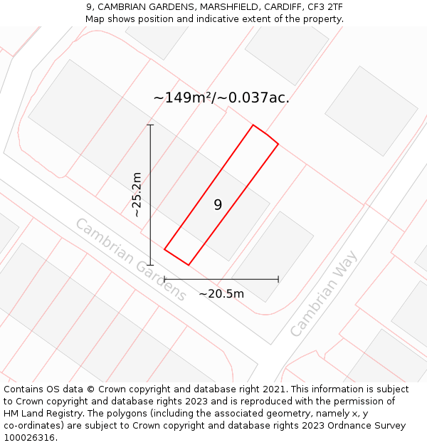9, CAMBRIAN GARDENS, MARSHFIELD, CARDIFF, CF3 2TF: Plot and title map