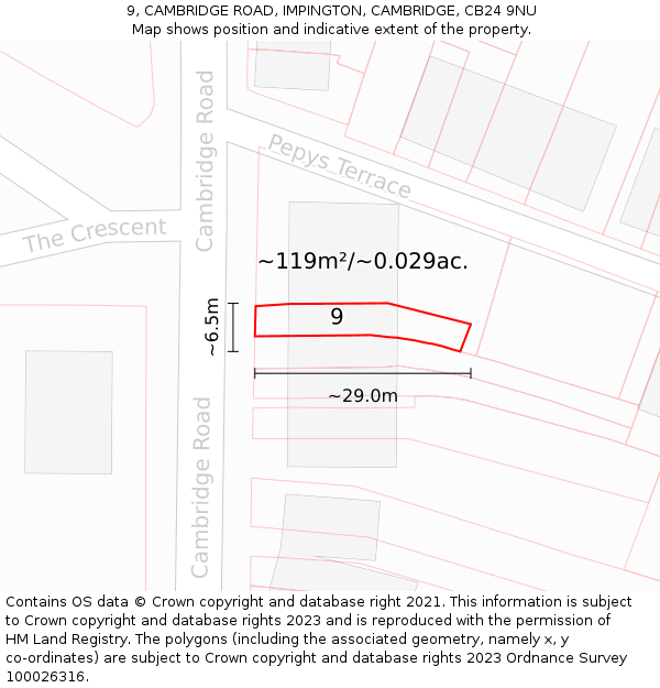 9, CAMBRIDGE ROAD, IMPINGTON, CAMBRIDGE, CB24 9NU: Plot and title map