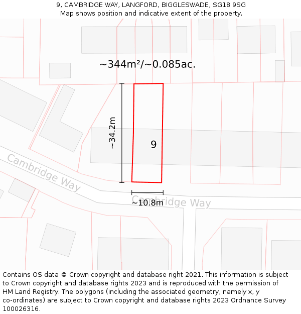 9, CAMBRIDGE WAY, LANGFORD, BIGGLESWADE, SG18 9SG: Plot and title map