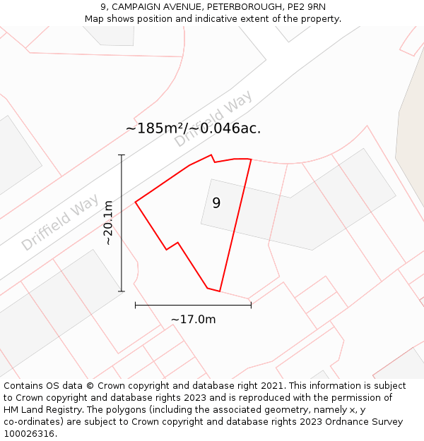 9, CAMPAIGN AVENUE, PETERBOROUGH, PE2 9RN: Plot and title map
