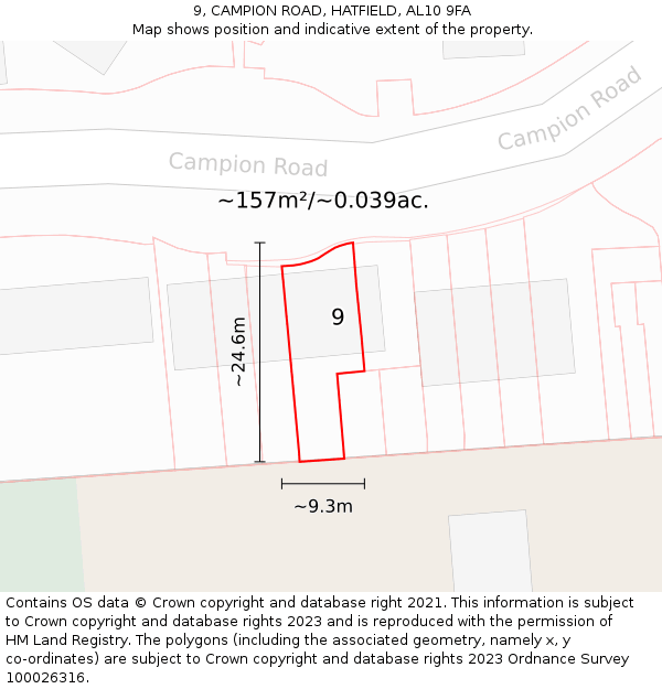 9, CAMPION ROAD, HATFIELD, AL10 9FA: Plot and title map