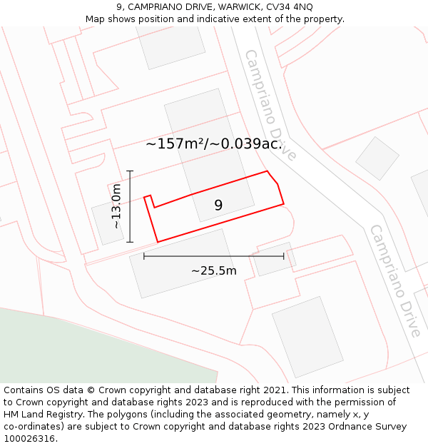 9, CAMPRIANO DRIVE, WARWICK, CV34 4NQ: Plot and title map