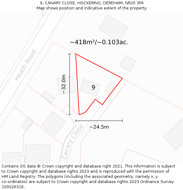 9, CANARY CLOSE, HOCKERING, DEREHAM, NR20 3FA: Plot and title map
