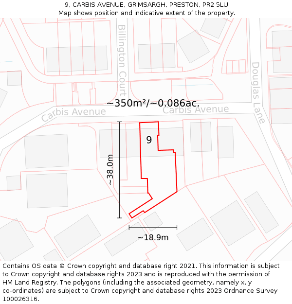 9, CARBIS AVENUE, GRIMSARGH, PRESTON, PR2 5LU: Plot and title map
