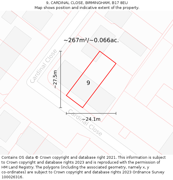 9, CARDINAL CLOSE, BIRMINGHAM, B17 8EU: Plot and title map