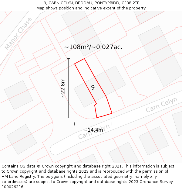 9, CARN CELYN, BEDDAU, PONTYPRIDD, CF38 2TF: Plot and title map