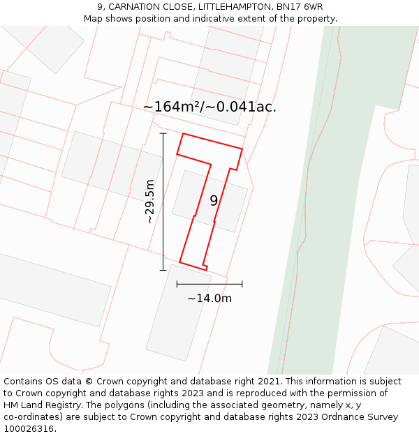 9, CARNATION CLOSE, LITTLEHAMPTON, BN17 6WR: Plot and title map