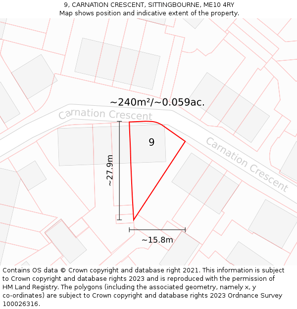 9, CARNATION CRESCENT, SITTINGBOURNE, ME10 4RY: Plot and title map