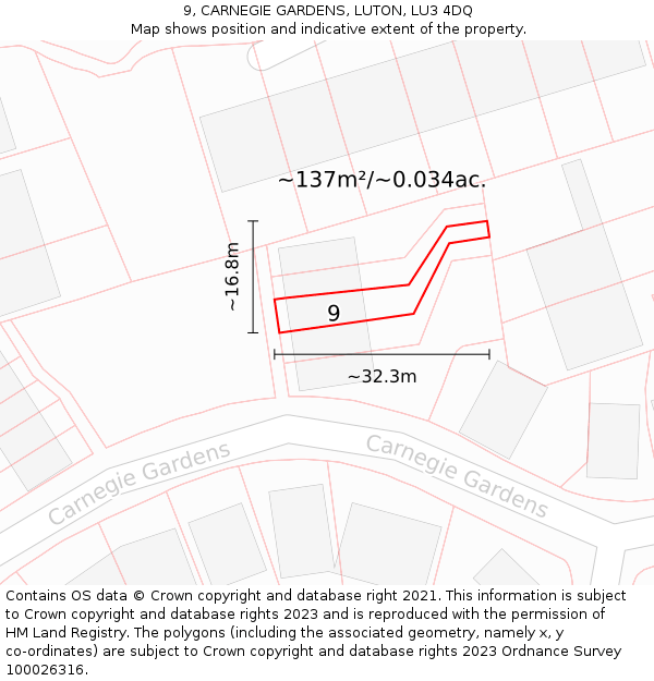 9, CARNEGIE GARDENS, LUTON, LU3 4DQ: Plot and title map