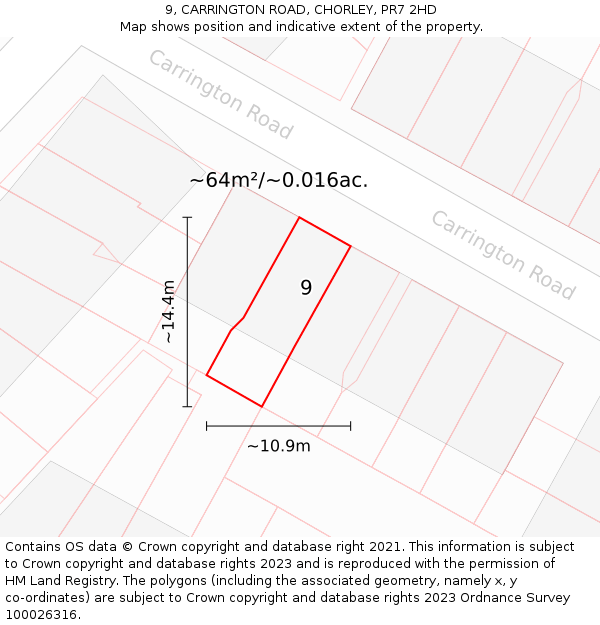 9, CARRINGTON ROAD, CHORLEY, PR7 2HD: Plot and title map