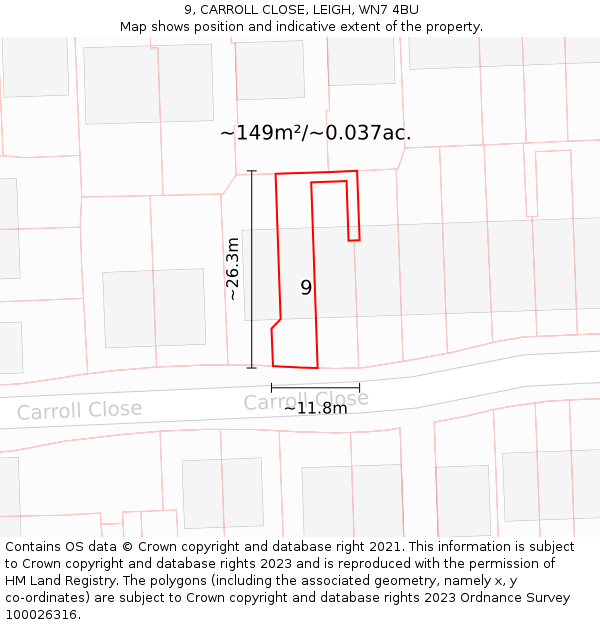 9, CARROLL CLOSE, LEIGH, WN7 4BU: Plot and title map