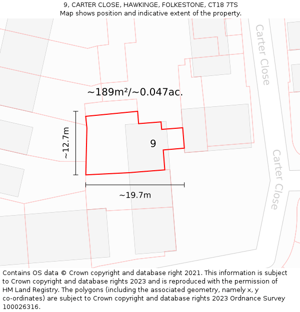9, CARTER CLOSE, HAWKINGE, FOLKESTONE, CT18 7TS: Plot and title map