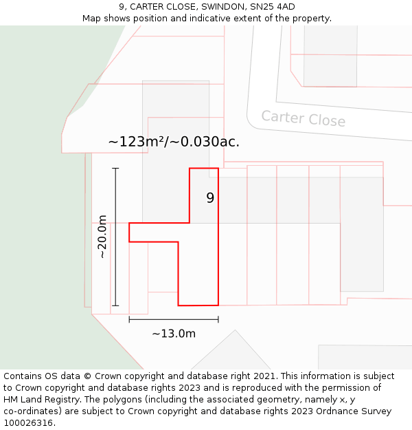 9, CARTER CLOSE, SWINDON, SN25 4AD: Plot and title map