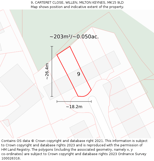 9, CARTERET CLOSE, WILLEN, MILTON KEYNES, MK15 9LD: Plot and title map
