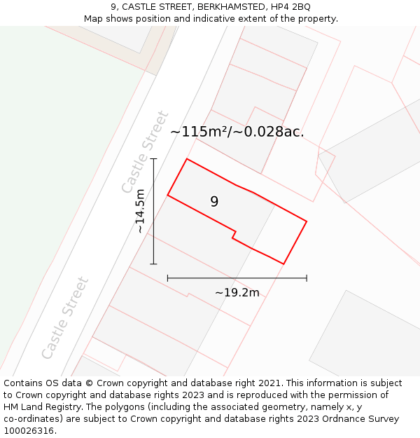 9, CASTLE STREET, BERKHAMSTED, HP4 2BQ: Plot and title map
