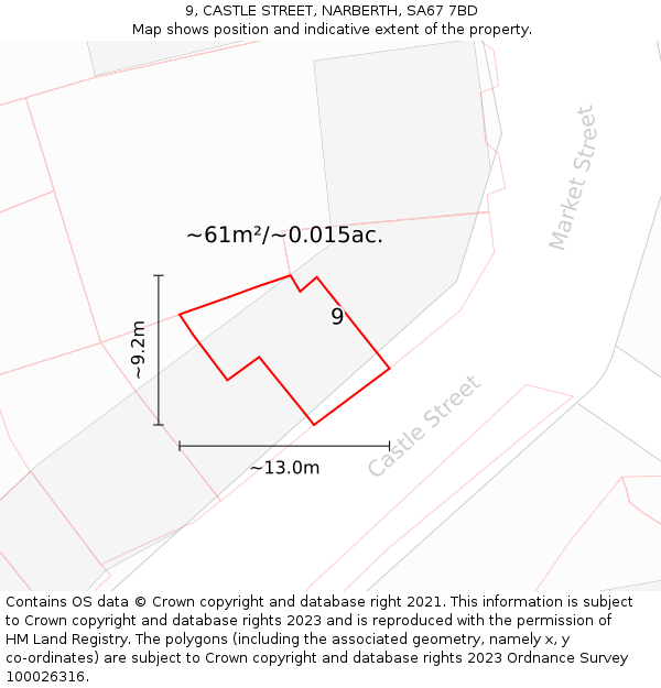 9, CASTLE STREET, NARBERTH, SA67 7BD: Plot and title map