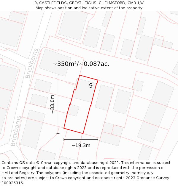 9, CASTLEFIELDS, GREAT LEIGHS, CHELMSFORD, CM3 1JW: Plot and title map