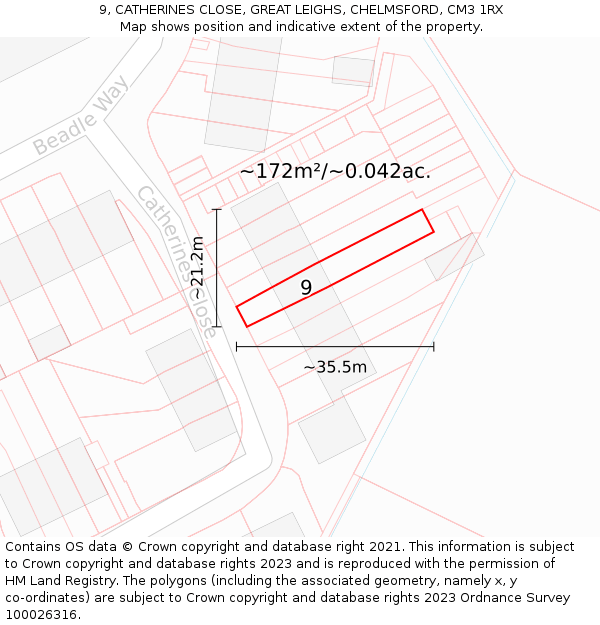 9, CATHERINES CLOSE, GREAT LEIGHS, CHELMSFORD, CM3 1RX: Plot and title map