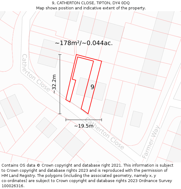 9, CATHERTON CLOSE, TIPTON, DY4 0DQ: Plot and title map