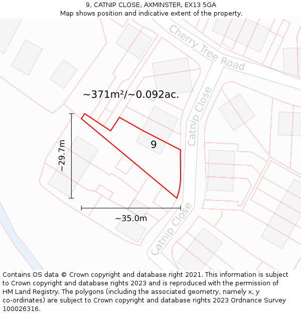 9, CATNIP CLOSE, AXMINSTER, EX13 5GA: Plot and title map